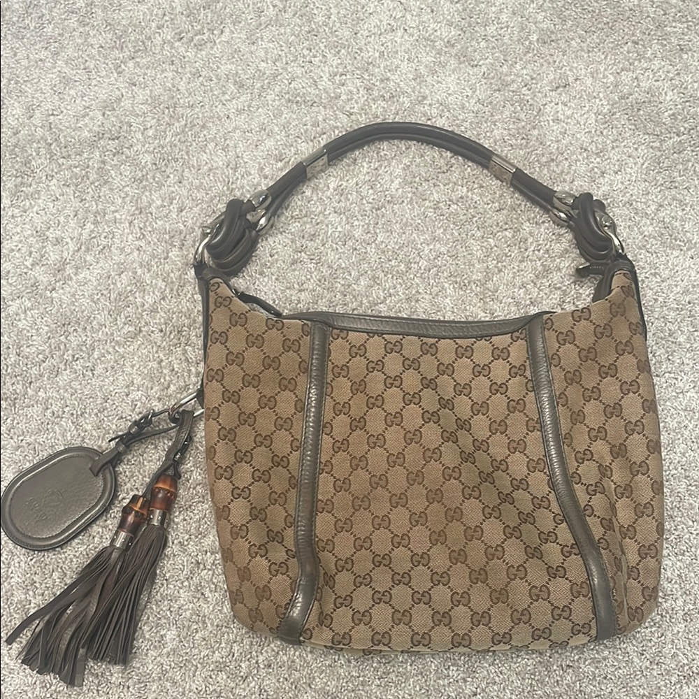 Gucci Brown Monogram Shoulder Bag with Leather Accents